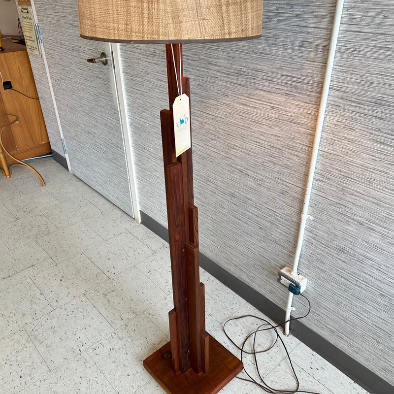 Brutalist Solid Oak Floor Lamp With Original Barrel Grass Cloth Shade