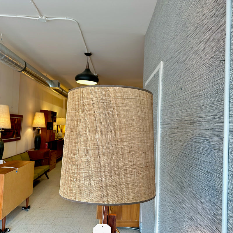 Brutalist Solid Oak Floor Lamp With Original Barrel Grass Cloth Shade