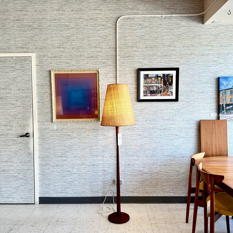 Danish Modern Solid Teak Floor Lamp With Original Grasscloth Shade