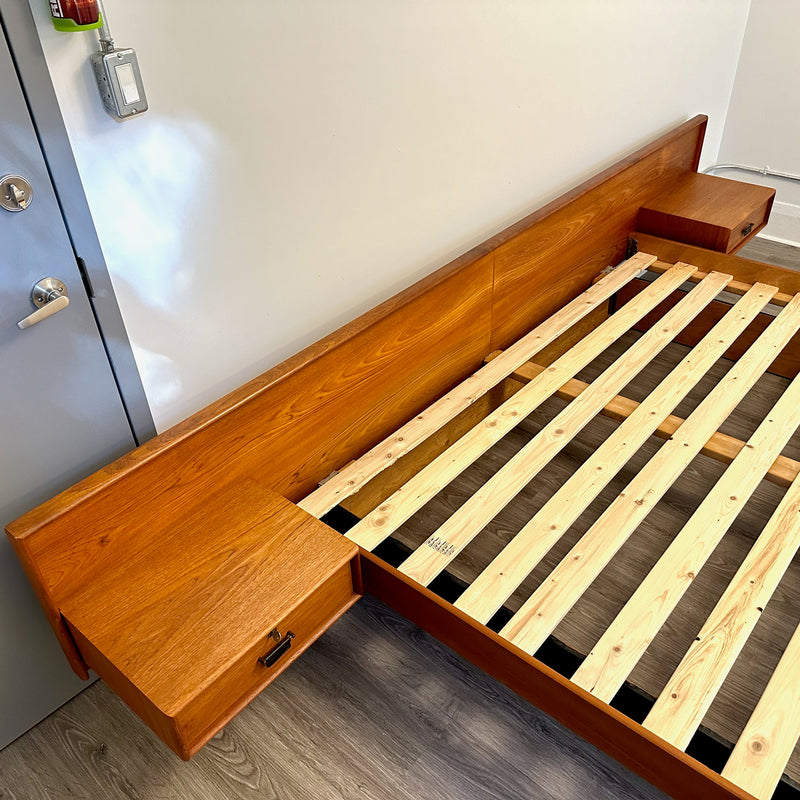 King Size Mid-Century Teak King Bed Frame With Naugahyde Accents