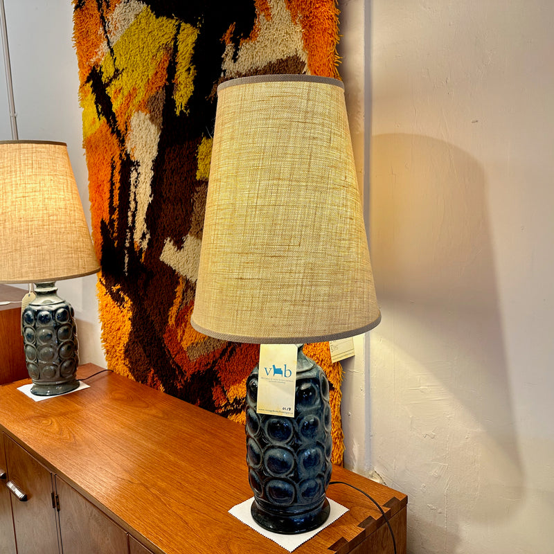 Large Navy Blue Mid-Century Glazed Ceramic Lamps