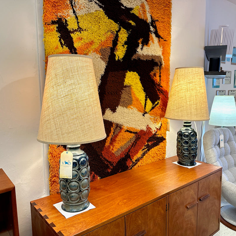 Large Navy Blue Mid-Century Glazed Ceramic Lamps