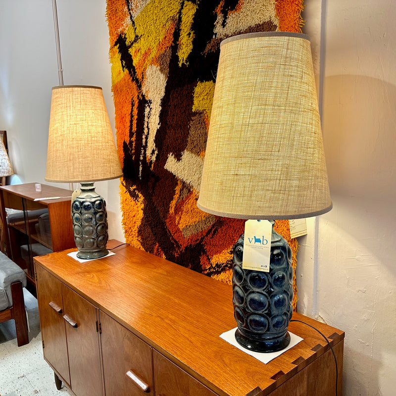 Large Navy Blue Mid-Century Glazed Ceramic Lamps