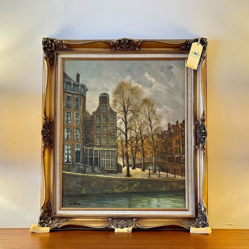 Canal House Scene Framed Oil On Canvas Signed By Artist