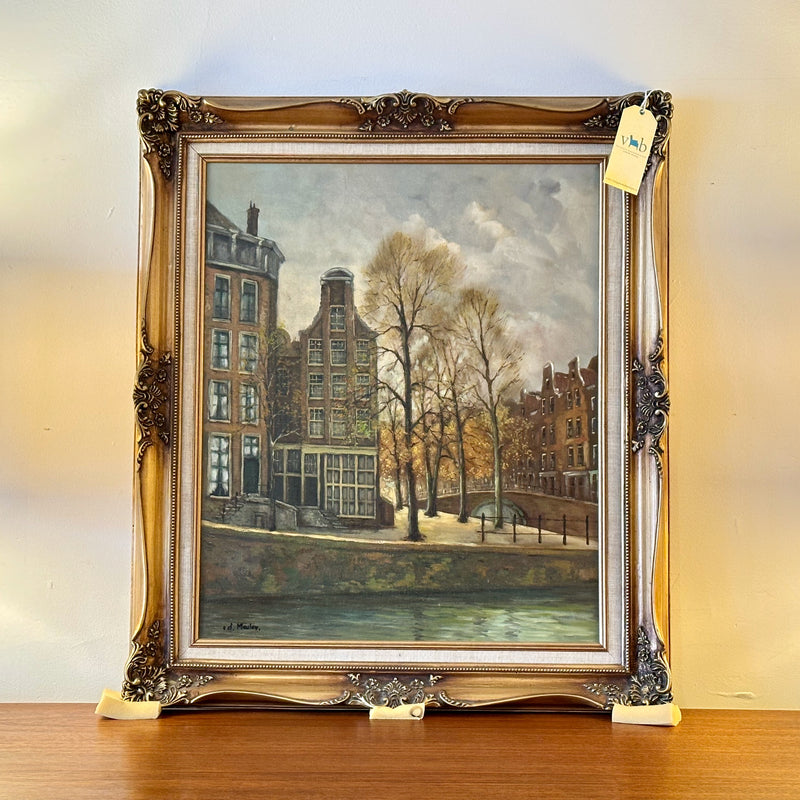 Canal House Scene Framed Oil On Canvas Signed By Artist