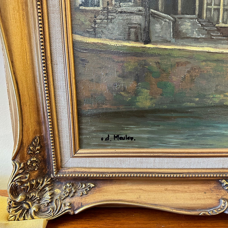 Canal House Scene Framed Oil On Canvas Signed By Artist