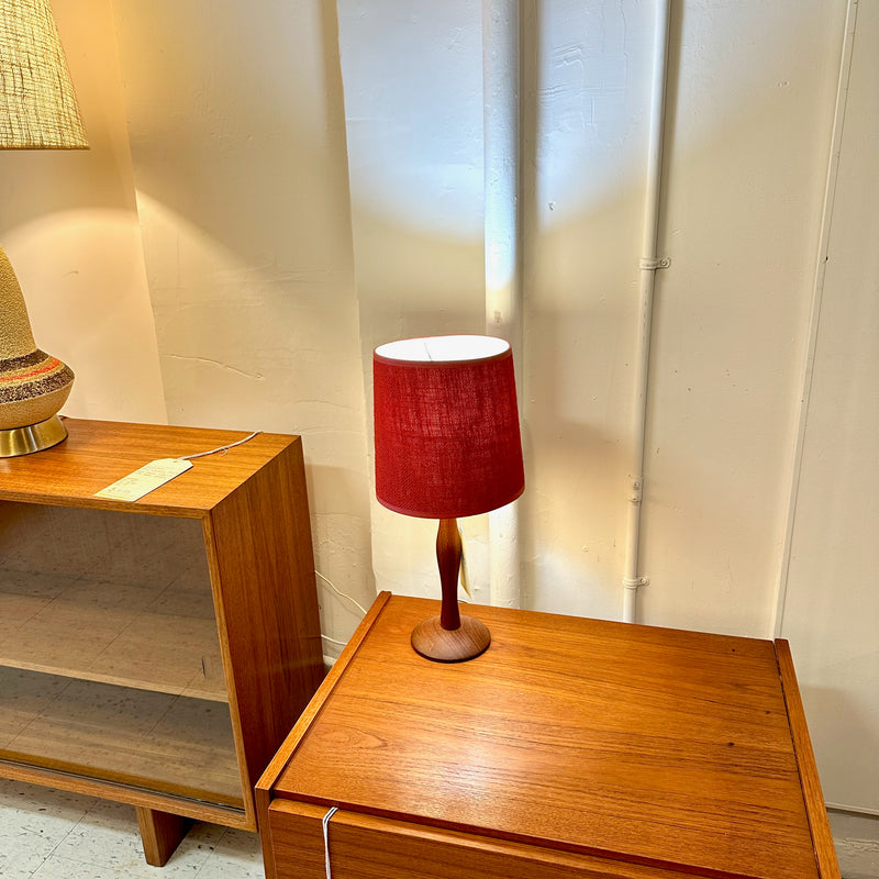 Compact Mid-Century Solid Teak Table Lamp With Original Shade