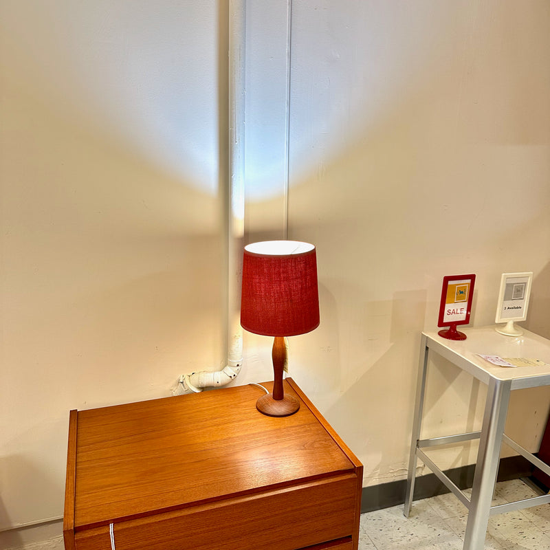 Compact Mid-Century Solid Teak Table Lamp With Original Shade