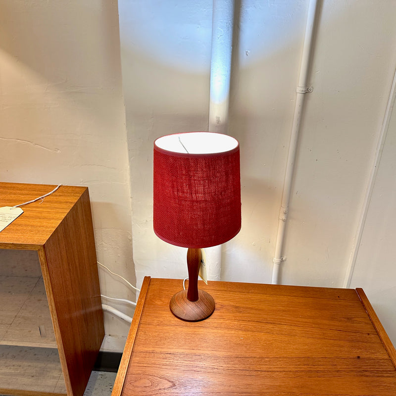 Compact Mid-Century Solid Teak Table Lamp With Original Shade