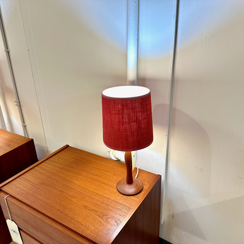 Compact Mid-Century Solid Teak Table Lamp With Original Shade