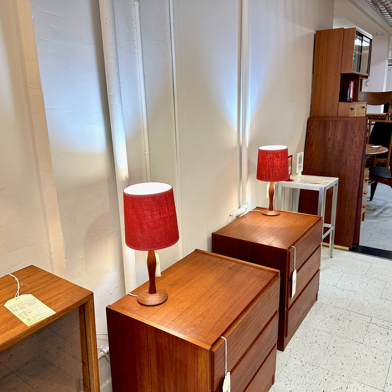 Compact Mid-Century Solid Teak Table Lamp With Original Shade