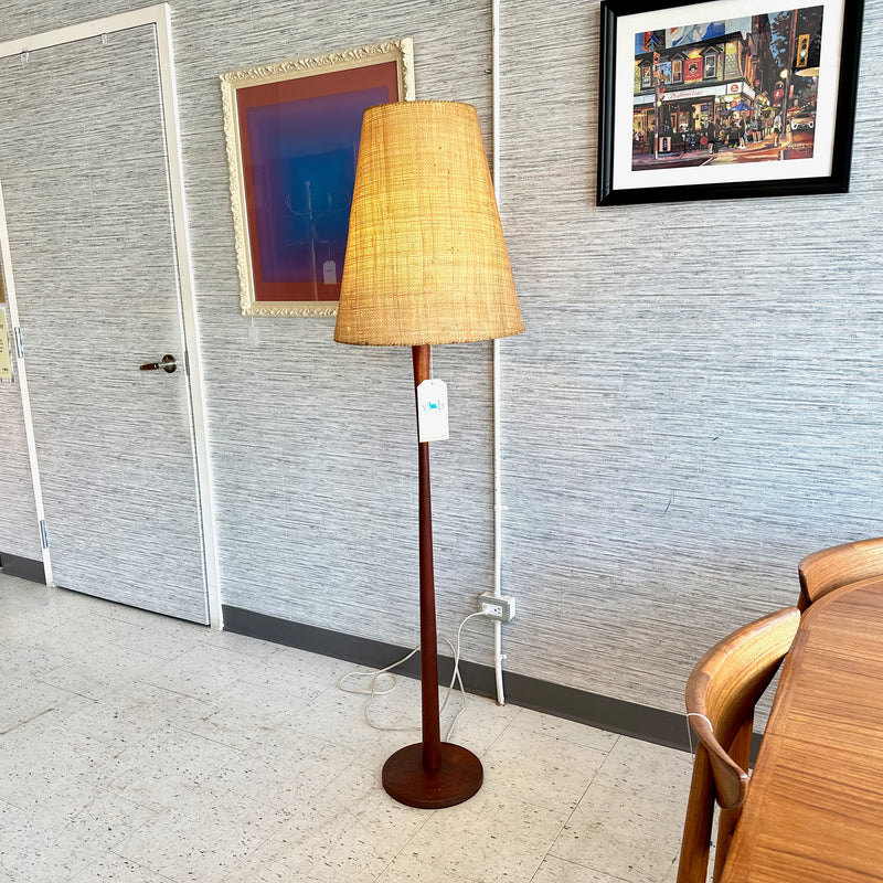 Danish Modern Solid Teak Floor Lamp With Original Grasscloth Shade