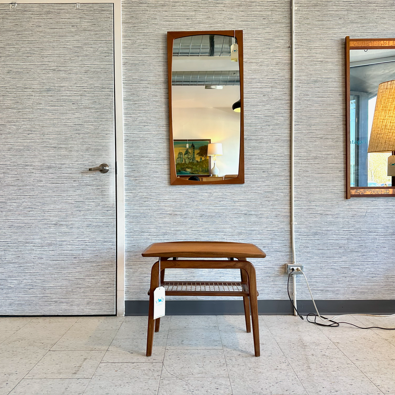 Mid-Century Modern Side Table With Cane Shelf In Teak