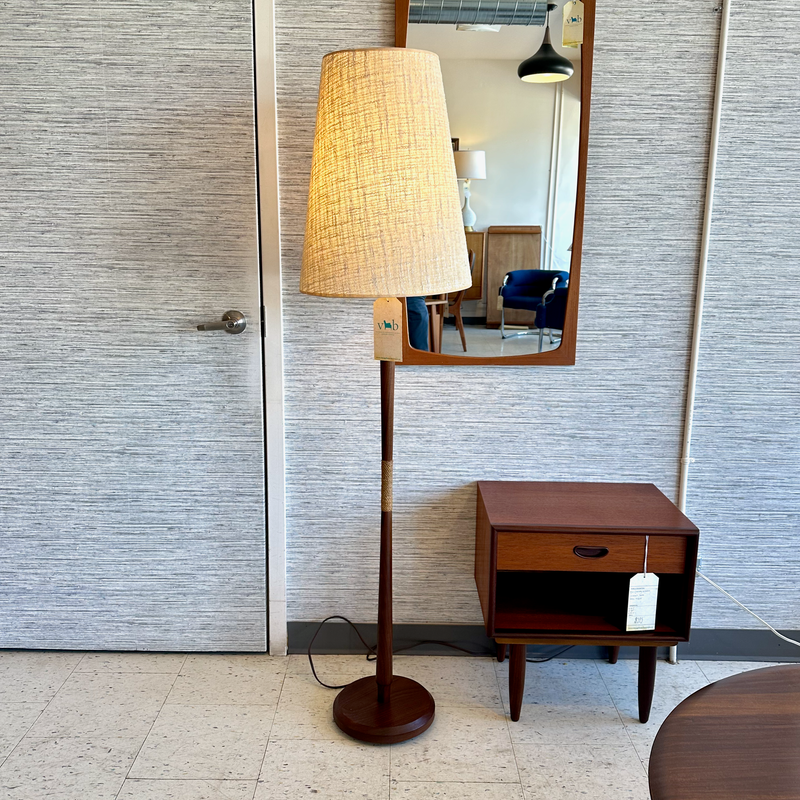 Mid-Century Modern Teak And Danish Papercord Floor Lamp With Large Cone Shade