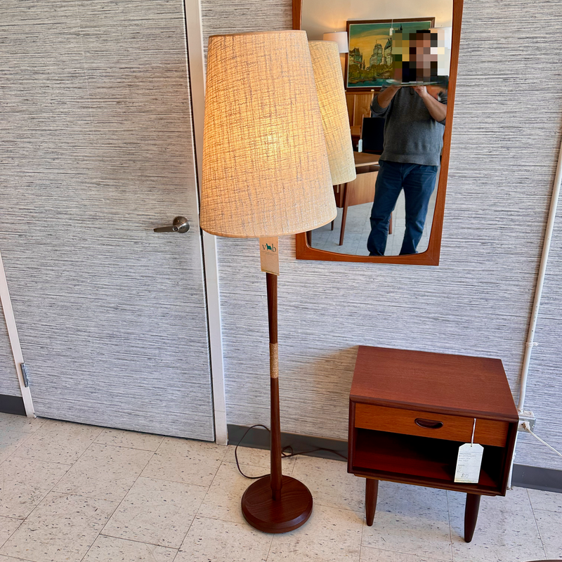 Mid-Century Modern Teak And Danish Papercord Floor Lamp With Large Cone Shade