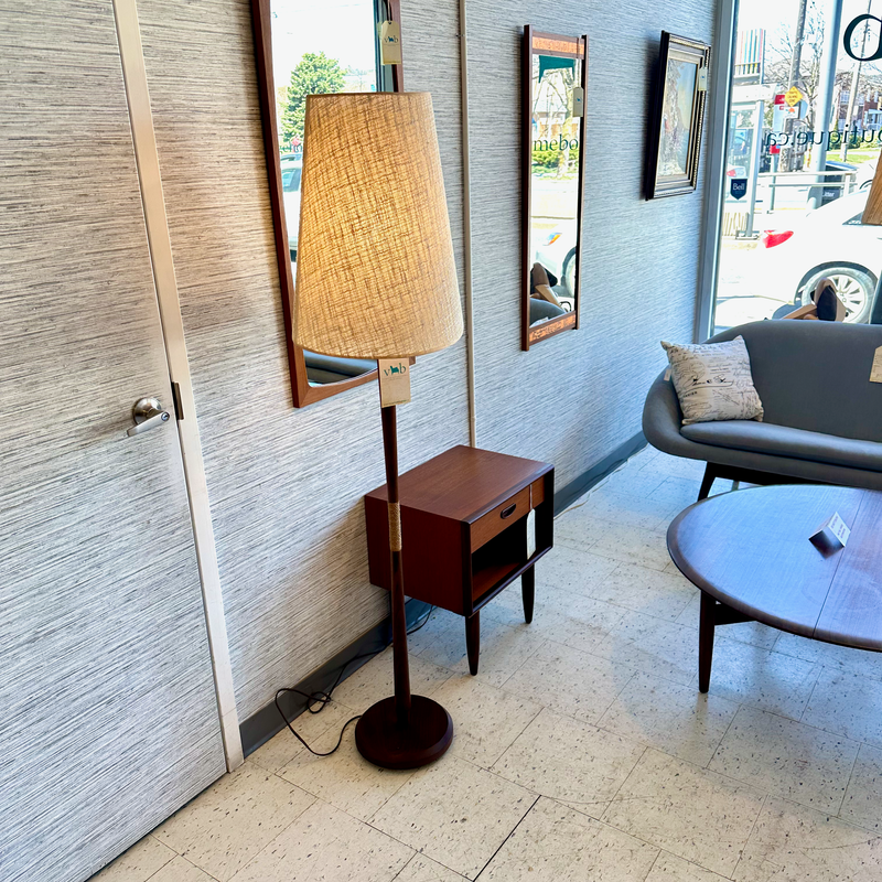Mid-Century Modern Teak And Danish Papercord Floor Lamp With Large Cone Shade