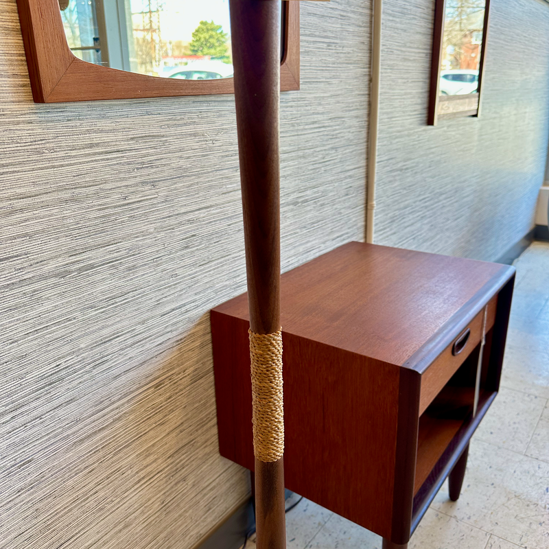 Mid-Century Modern Teak And Danish Papercord Floor Lamp With Large Cone Shade