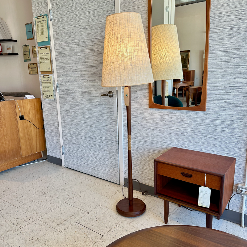 Mid-Century Modern Teak And Danish Papercord Floor Lamp With Large Cone Shade