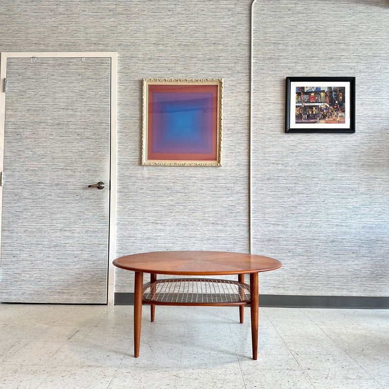 Mid-Century Round Teak Coffee Table With Cane Shelf And Sunburst Top