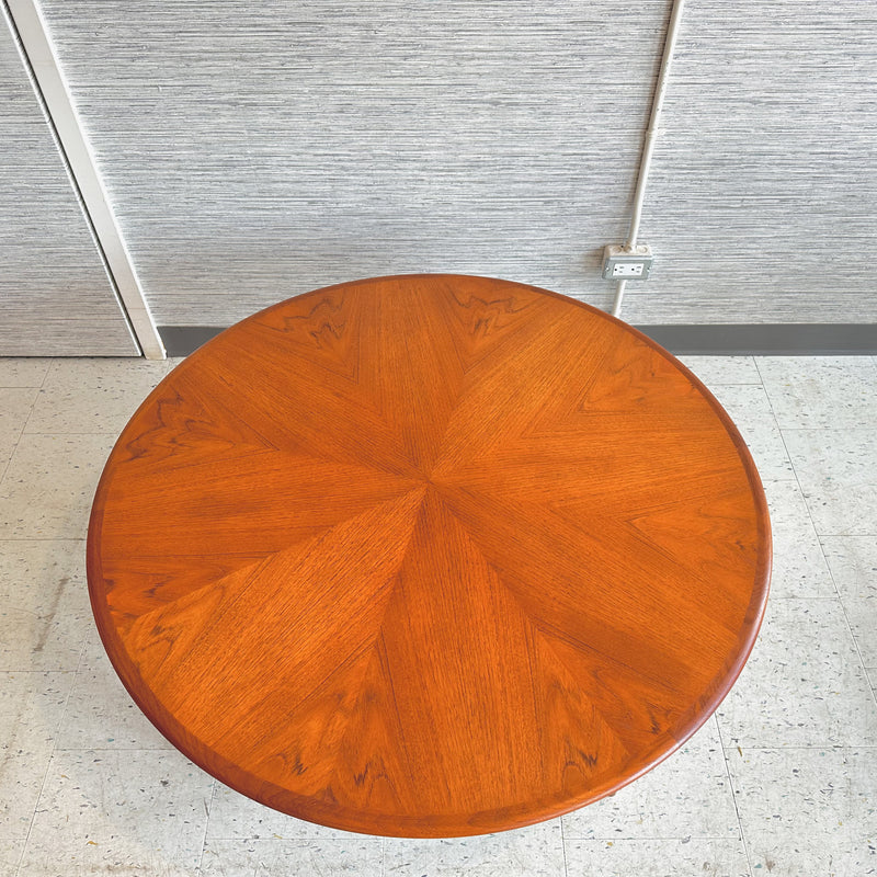 Mid-Century Round Teak Coffee Table With Cane Shelf And Sunburst Top