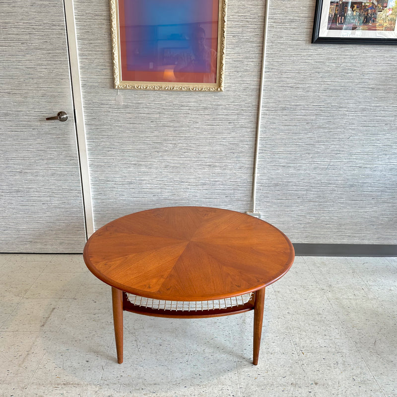 Mid-Century Round Teak Coffee Table With Cane Shelf And Sunburst Top