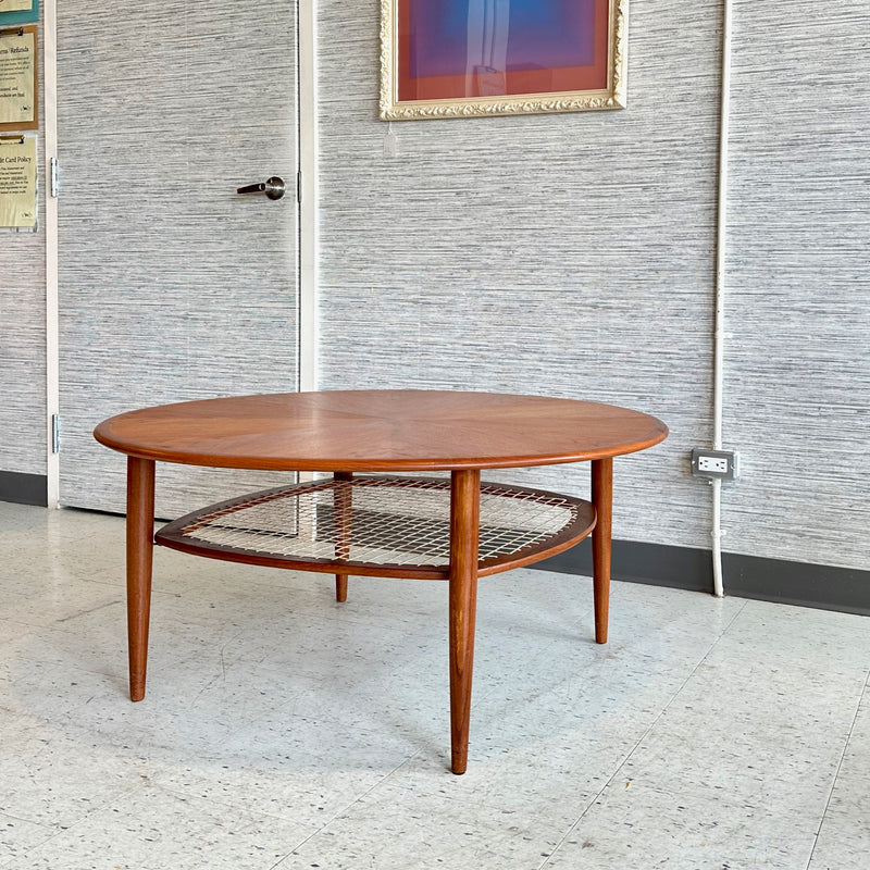 Mid-Century Round Teak Coffee Table With Cane Shelf And Sunburst Top