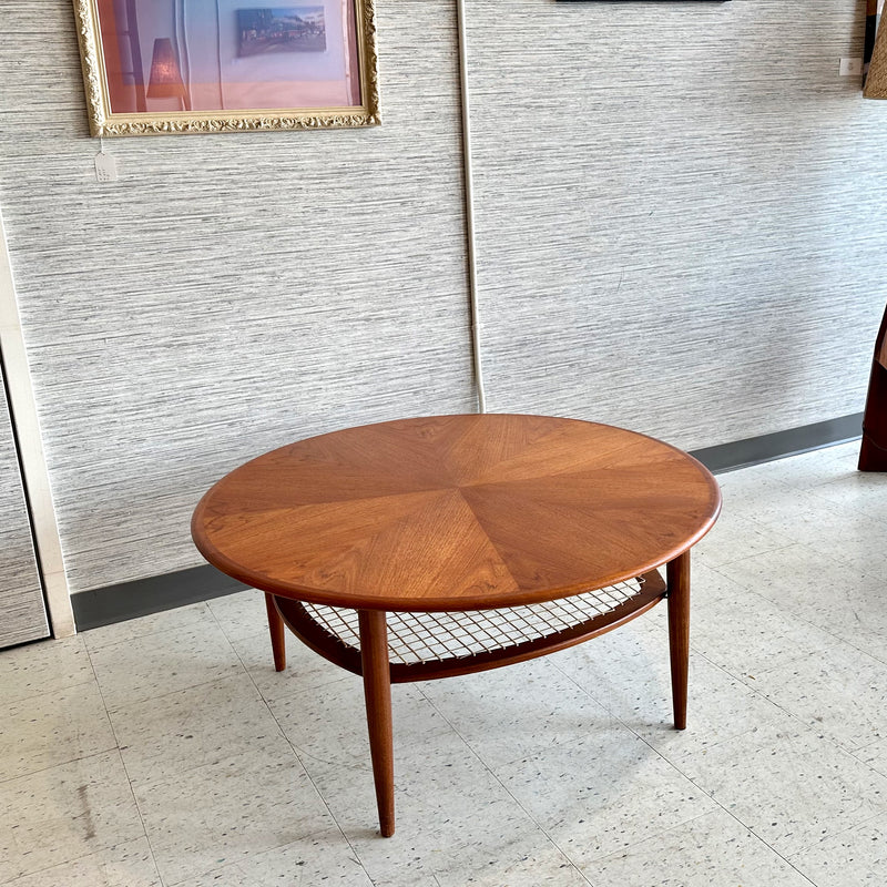 Mid-Century Round Teak Coffee Table With Cane Shelf And Sunburst Top