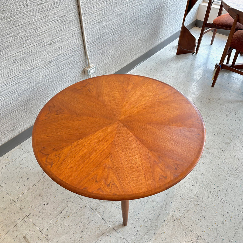 Mid-Century Round Teak Coffee Table With Cane Shelf And Sunburst Top