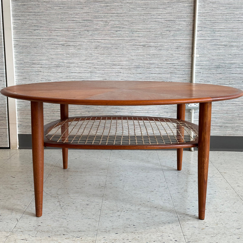 Mid-Century Round Teak Coffee Table With Cane Shelf And Sunburst Top