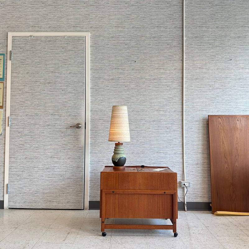 Mid-Century Teak And Ceramic Table Lamp In Sea Foam With Original Shade