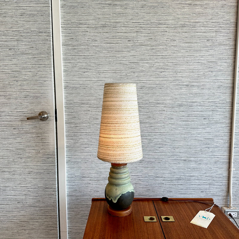 Mid-Century Teak And Ceramic Table Lamp In Sea Foam With Original Shade