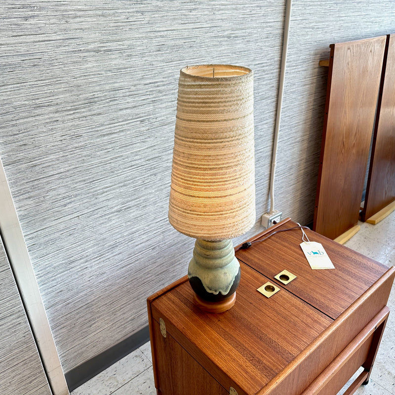 Mid-Century Teak And Ceramic Table Lamp In Sea Foam With Original Shade