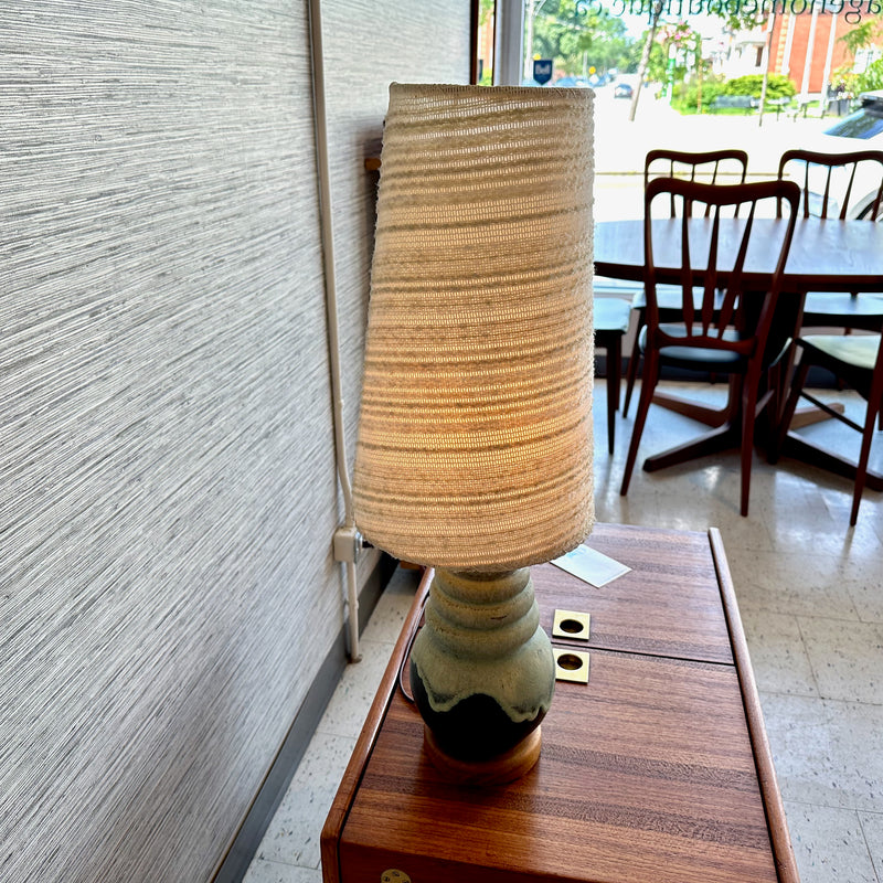 Mid-Century Teak And Ceramic Table Lamp In Sea Foam With Original Shade