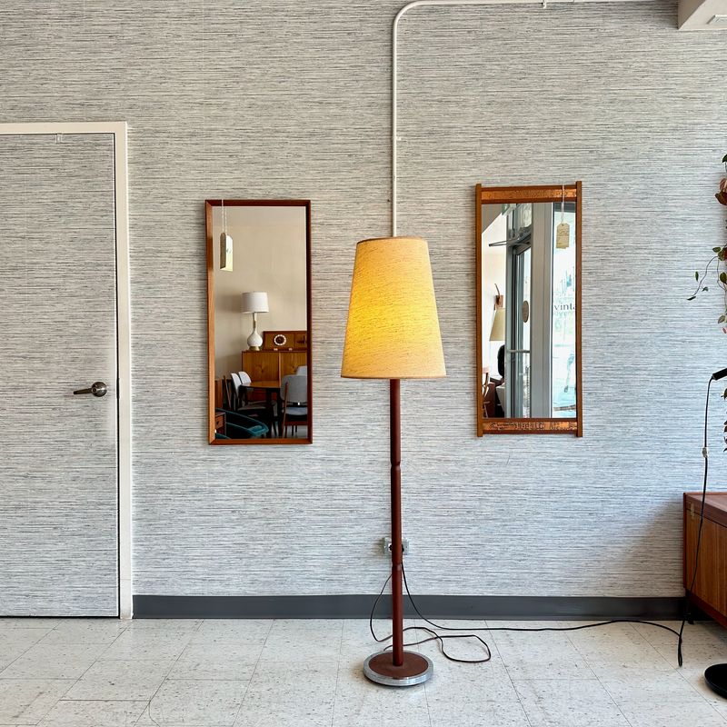Mid-Century Teak And Chrome Floor Lamp With Original Cone Shade