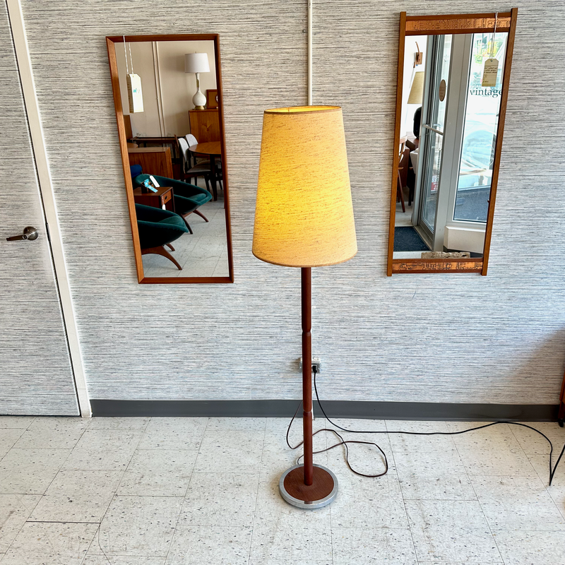 Mid-Century Teak And Chrome Floor Lamp With Original Cone Shade