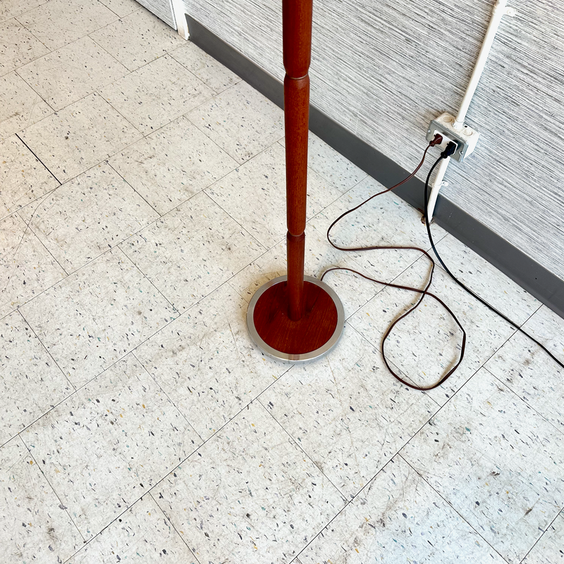 Mid-Century Teak And Chrome Floor Lamp With Original Cone Shade