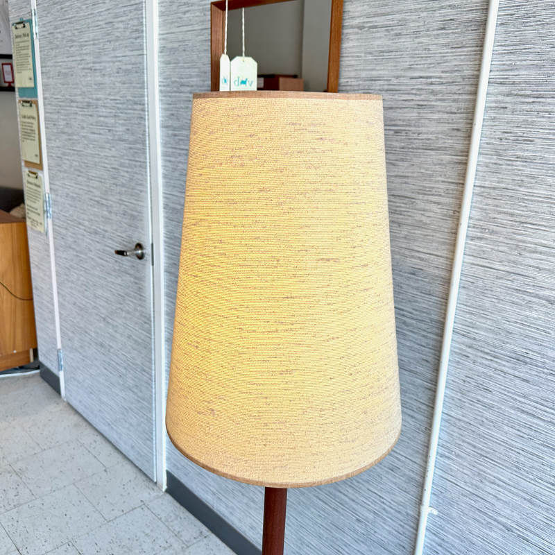 Mid-Century Teak And Chrome Floor Lamp With Original Cone Shade