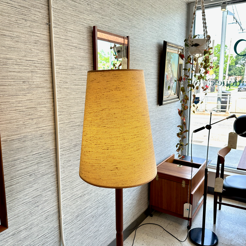 Mid-Century Teak And Chrome Floor Lamp With Original Cone Shade