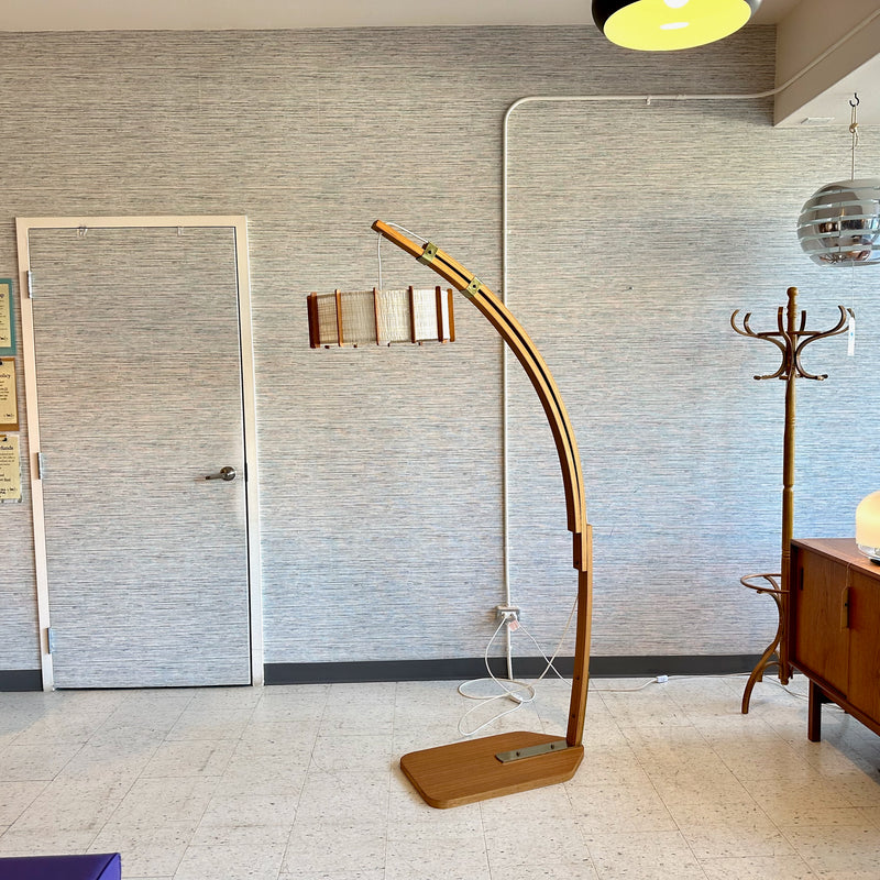 Mid-Century Teak Extending Arc Floor Lamp With Circular Teak Shade