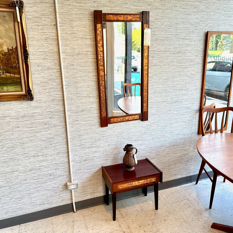 Rare Mid-Century Rosewood And Copper Entry Mirror With Drawer Console