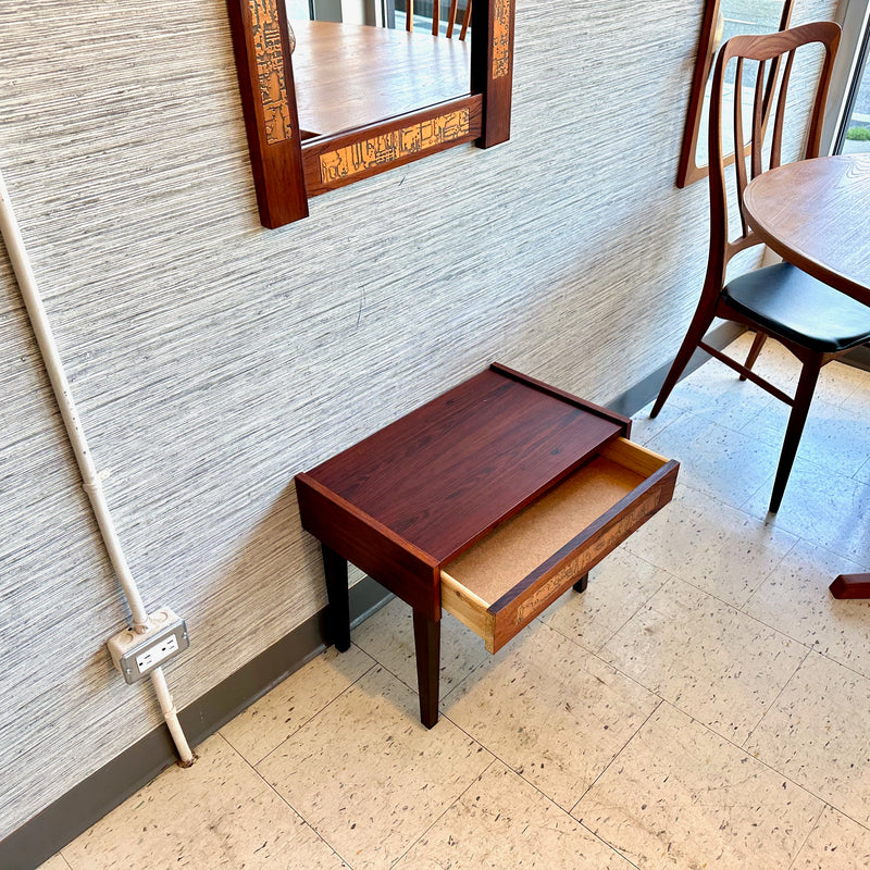 Rare Mid-Century Rosewood And Copper Entry Mirror With Drawer Console