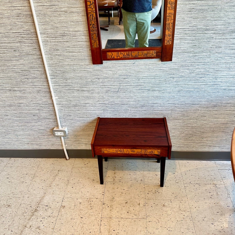 Rare Mid-Century Rosewood And Copper Entry Mirror With Drawer Console