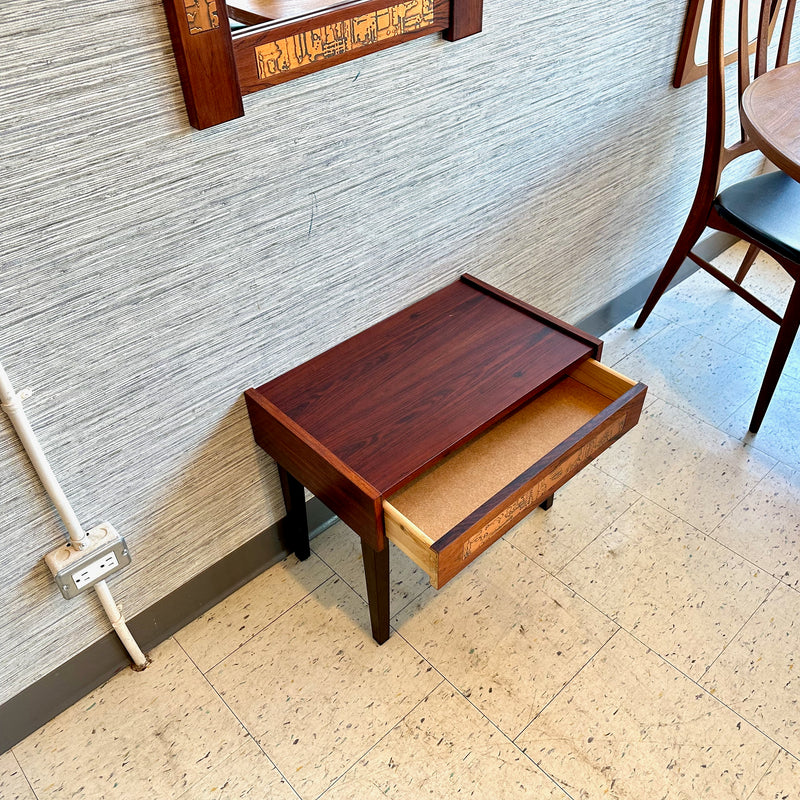 Rare Mid-Century Rosewood And Copper Entry Mirror With Drawer Console