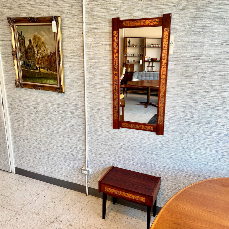 Rare Mid-Century Rosewood And Copper Entry Mirror With Drawer Console