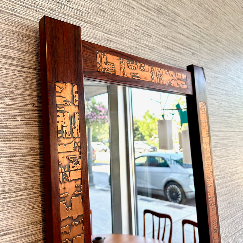 Rare Mid-Century Rosewood And Copper Entry Mirror With Drawer Console