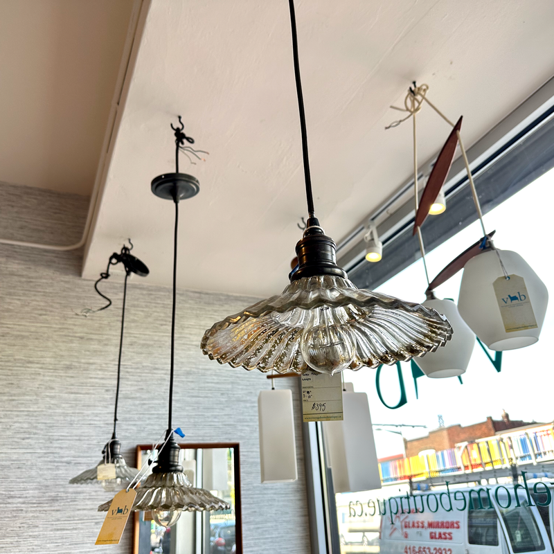 Vintage Pendant Lamp With Blown Ribbed Glass Shade