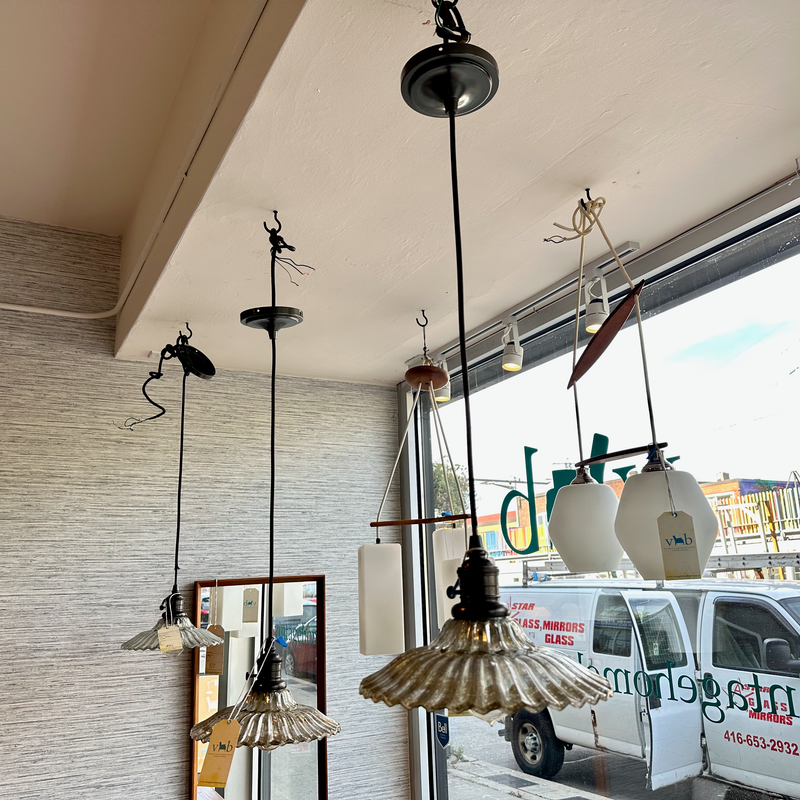 Vintage Pendant Lamp With Blown Ribbed Glass Shade
