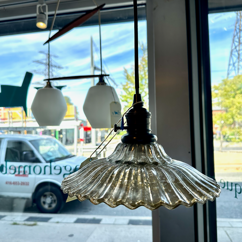 Vintage Pendant Lamp With Blown Ribbed Glass Shade