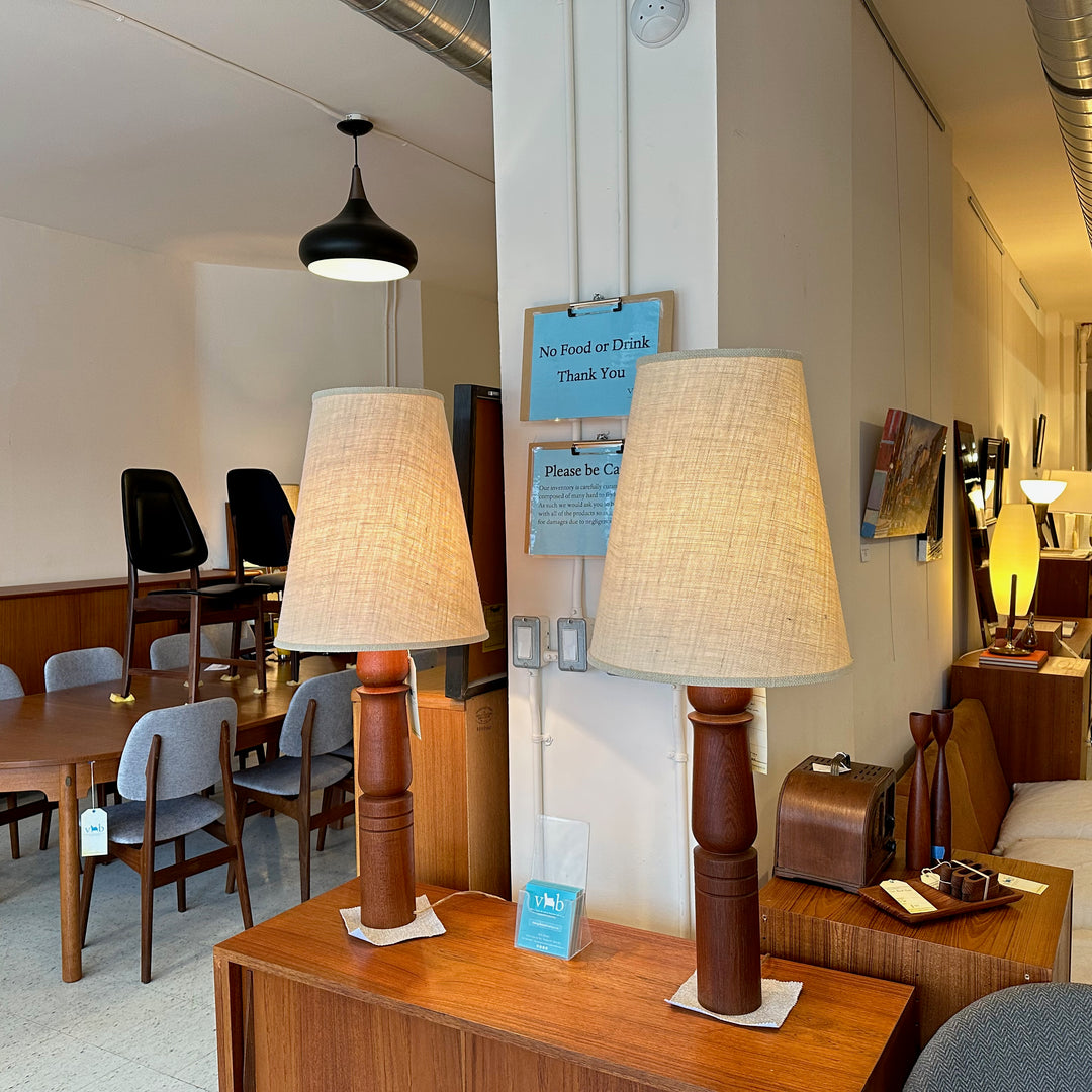 Large Mid-Century Modern Solid Teak Turned Table Lamps – Vintage