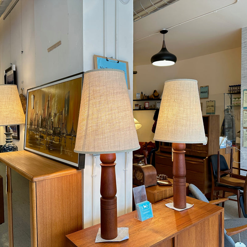Large Mid-Century Modern Solid Teak Turned Table Lamps